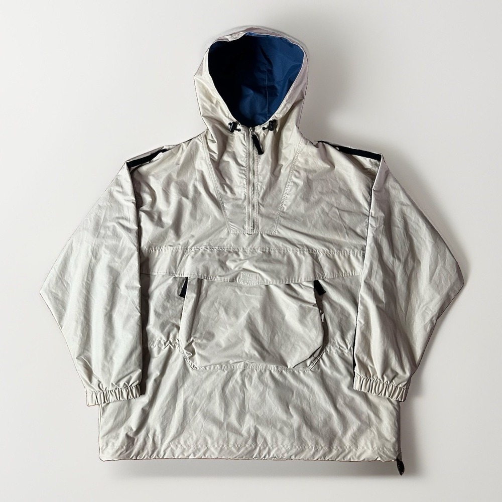 J Crew Windbreaker Anorak Jacket Mens XL Ivory Kangaroo Pocket Scuba Hoodie Rain